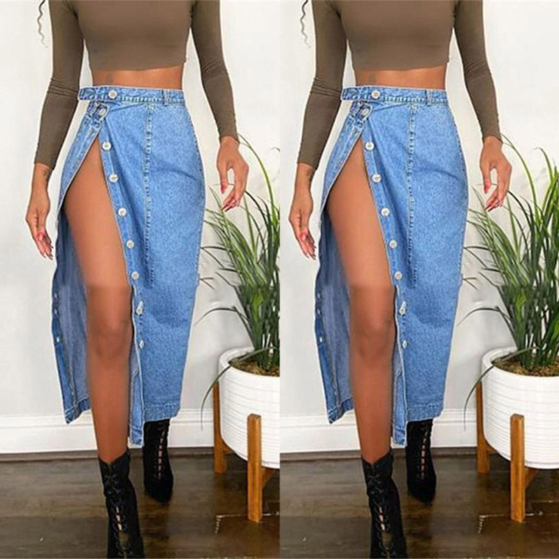 European and American casual denim skirt split hip skirt