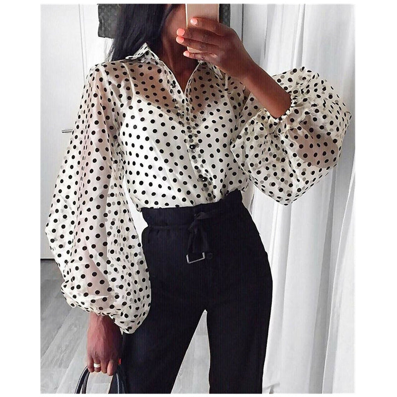 Lantern long sleeve polka dot shirt perspective sexy top