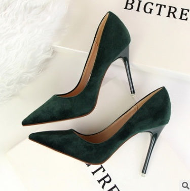 Korean women's shoes fashion simple stiletto with high-heeled shallow mouth pointed suede sexy thin single shoes high heels