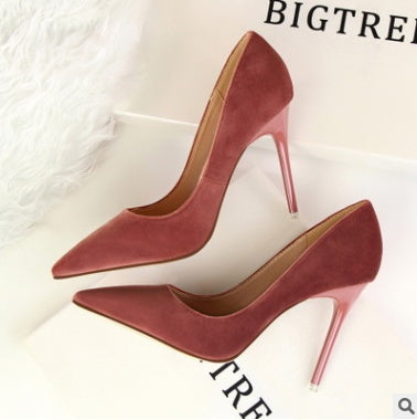 Korean women's shoes fashion simple stiletto with high-heeled shallow mouth pointed suede sexy thin single shoes high heels