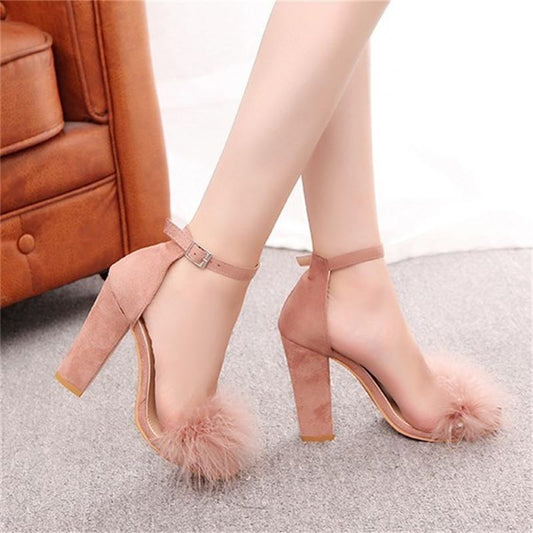 Cross-Border Explosive Buckle Thick Heel High-Heeled Hairy Sandals