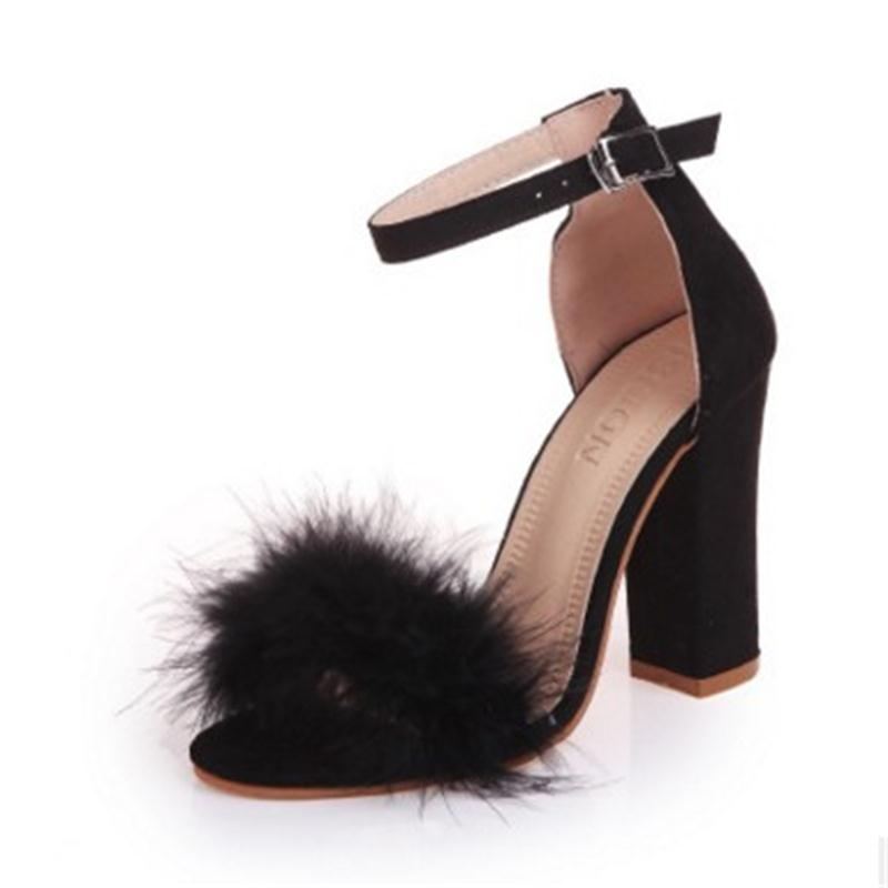 Cross-Border Explosive Buckle Thick Heel High-Heeled Hairy Sandals