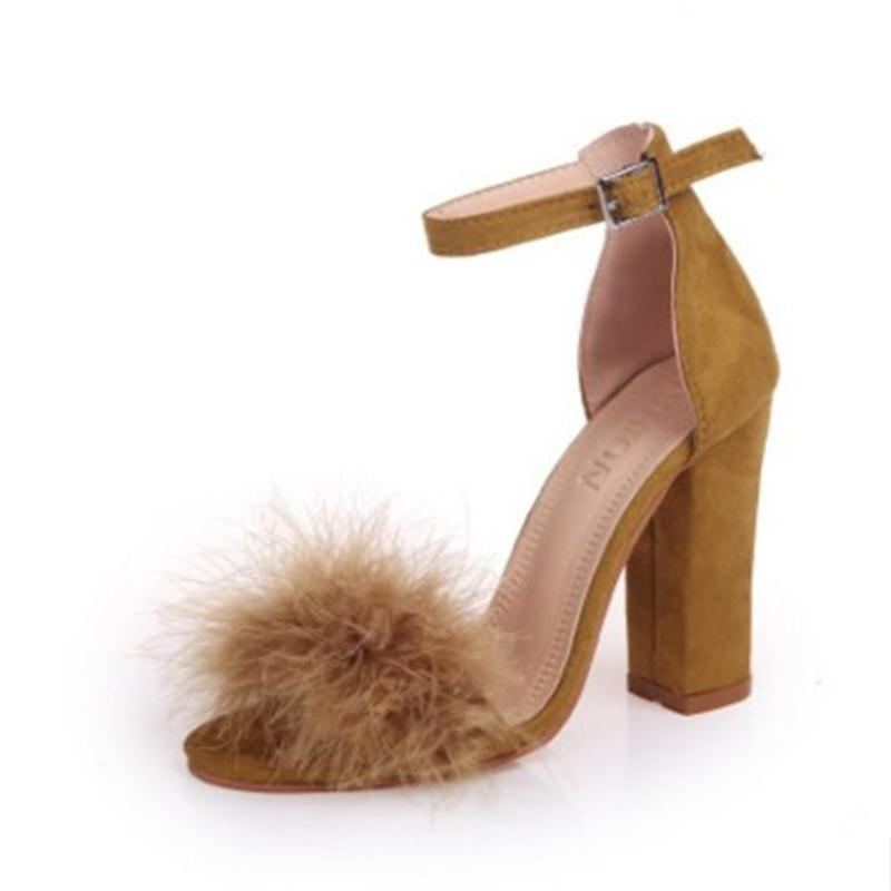 Cross-Border Explosive Buckle Thick Heel High-Heeled Hairy Sandals