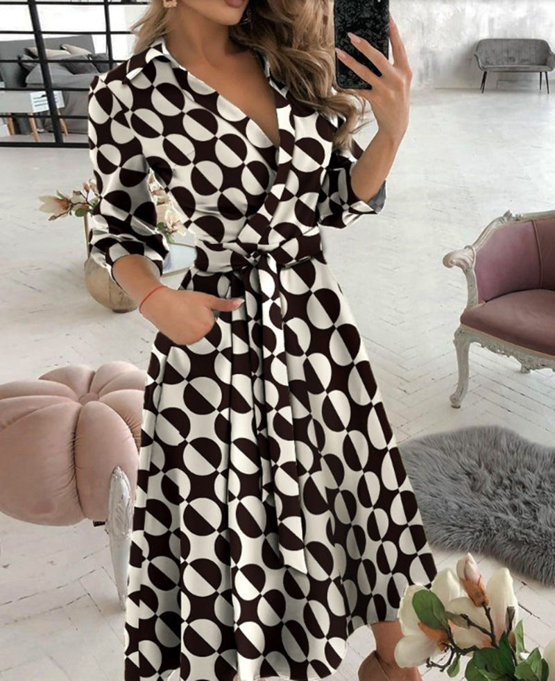 Sexy Fashion Long-sleeved Deep V-neck Print Bag Hip  Irregular Party Dress Women