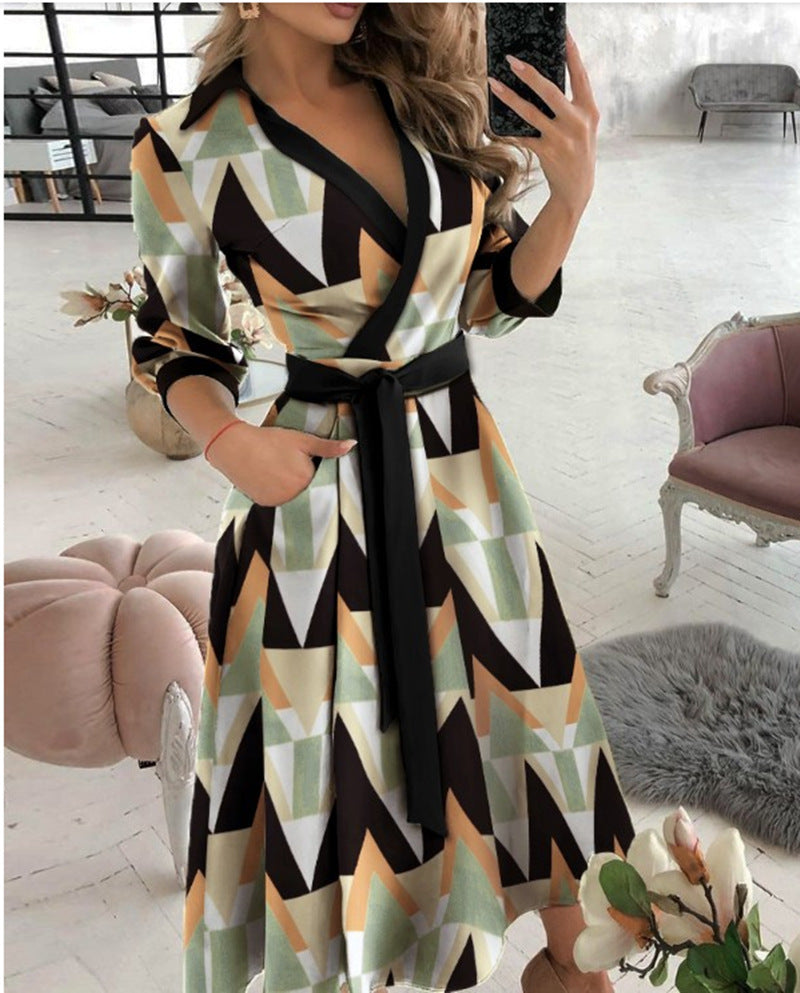 Sexy Fashion Long-sleeved Deep V-neck Print Bag Hip  Irregular Party Dress Women