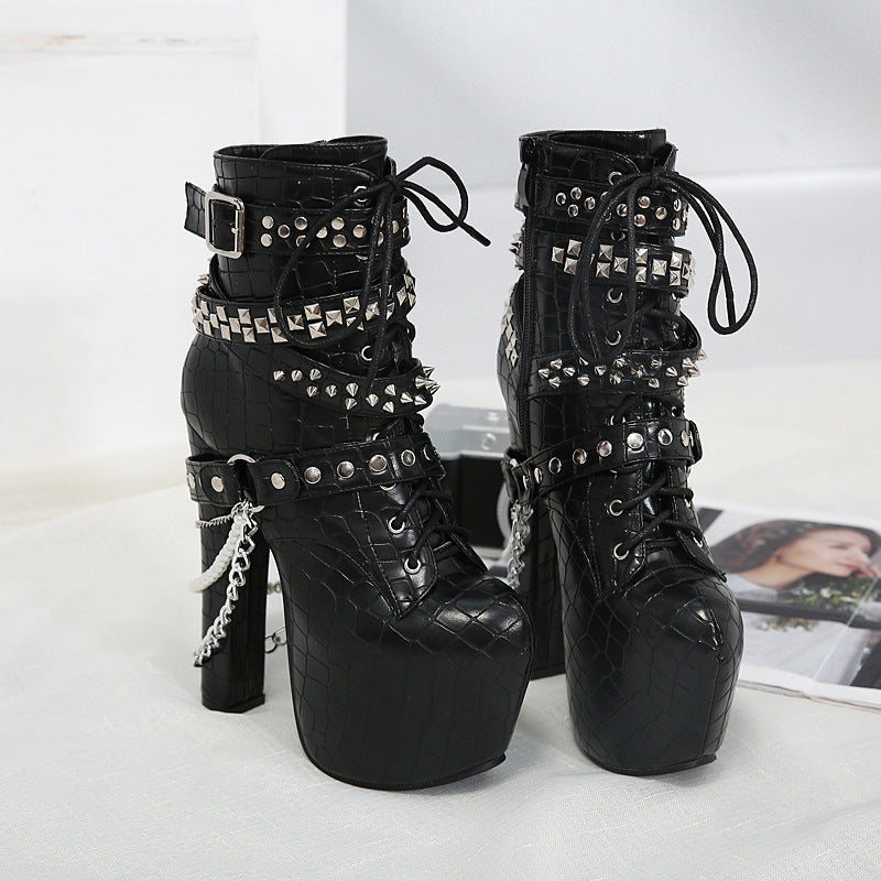 Chunky Heel Rivet Metal Chain Lace-Up Ankle Boots