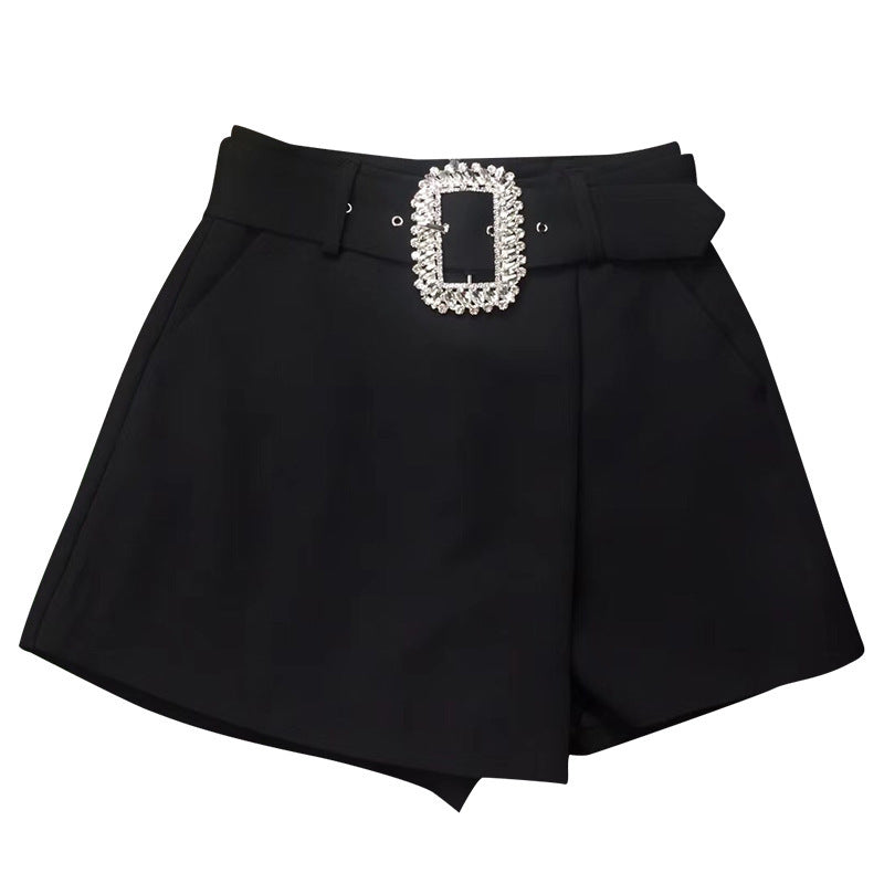 Modern Women's New Summer Rhinestone Buckle Belt Thin Fashion Design Culottes Shorts Skirt