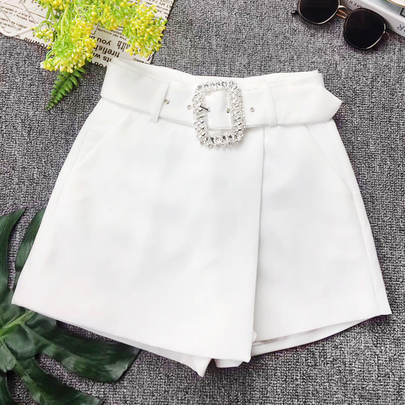 Modern Women's New Summer Rhinestone Buckle Belt Thin Fashion Design Culottes Shorts Skirt