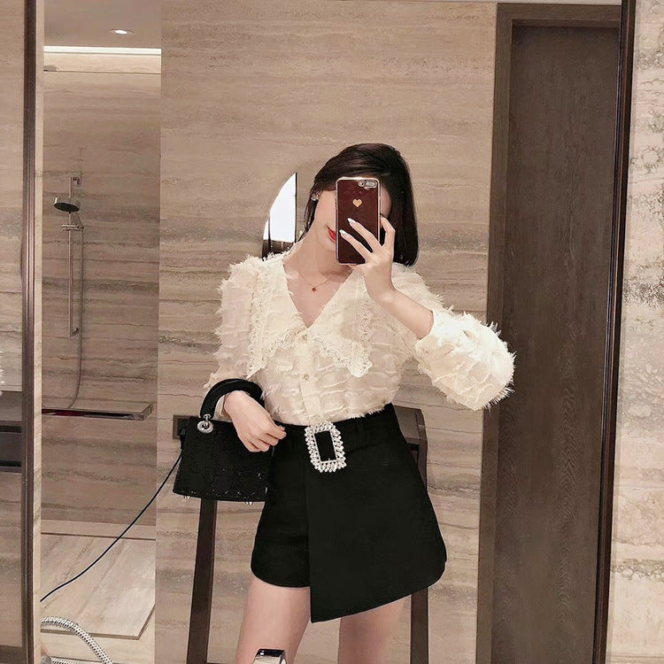 Modern Women's New Summer Rhinestone Buckle Belt Thin Fashion Design Culottes Shorts Skirt