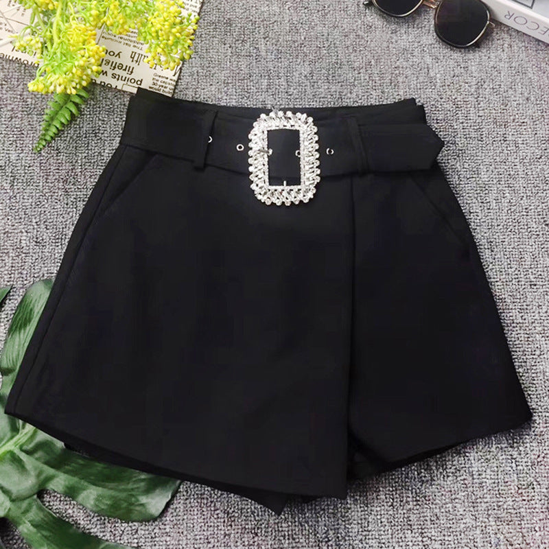 Modern Women's New Summer Rhinestone Buckle Belt Thin Fashion Design Culottes Shorts Skirt