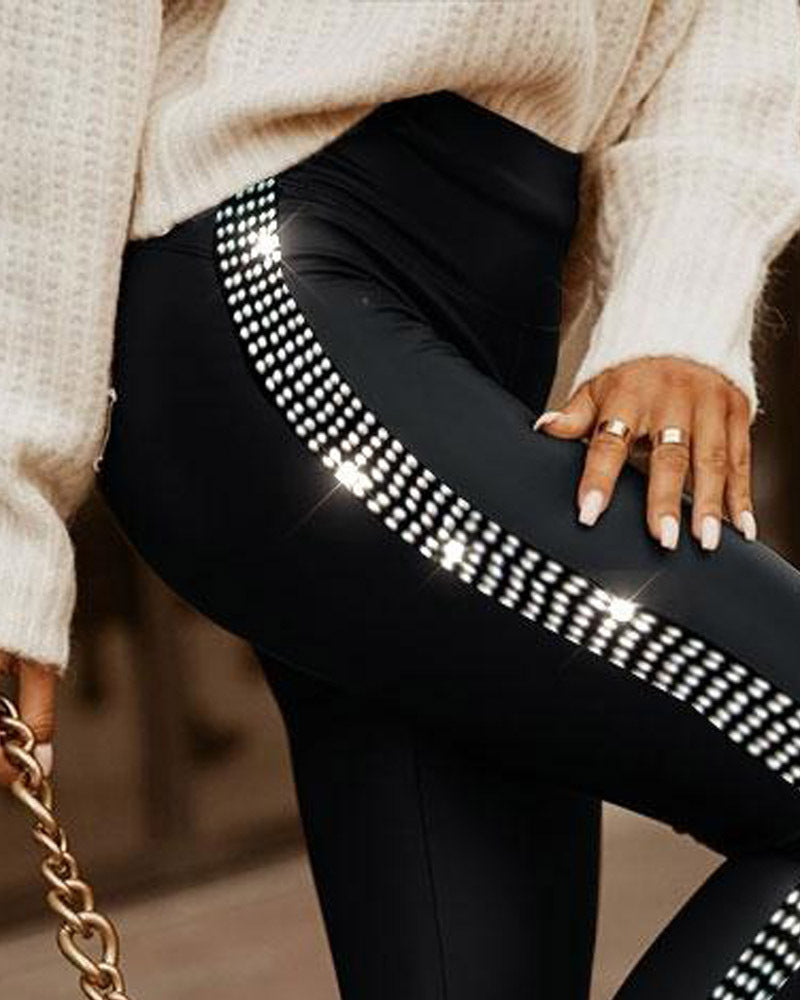 Commuter Rhinestone Small Slit Tight Trousers