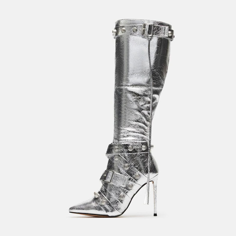 Metal Leathern Pointed Stiletto Heel High Leg Boot Rivet