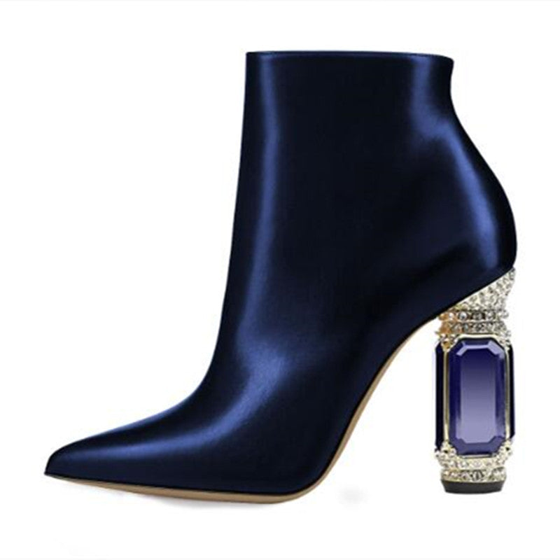 Luxury Rhinestone Gemstone Heel Women Side Zip Short Boots