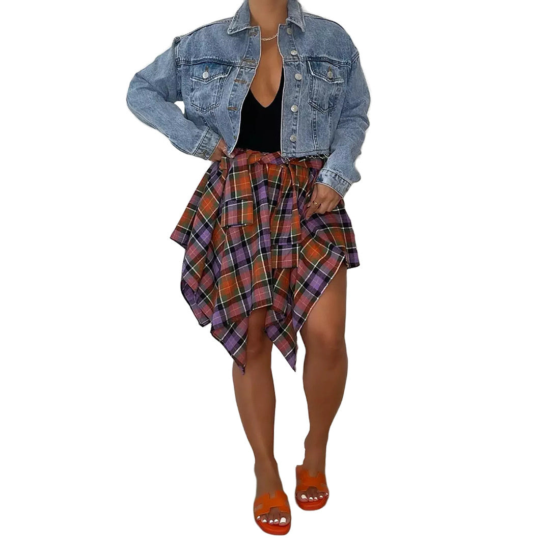 Women's Fashion Irregular Plaid Tied Sleeve Fake Shirt Skirt