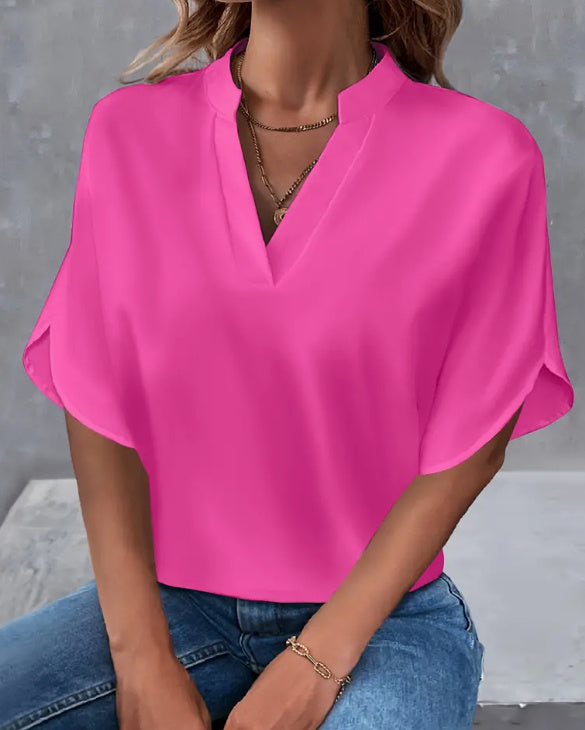 Lightweight Solid Color Notch Neck Blouse - Stylish Short Split Sleeves For Spring & Summer - Trendy Womens Casual Top