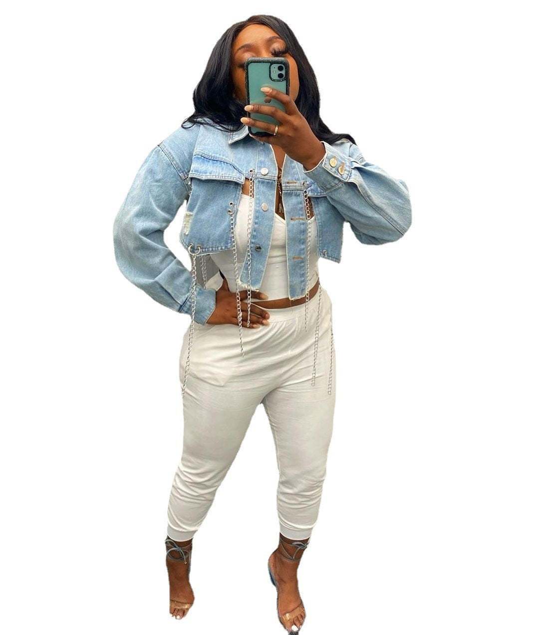 Short Frayed Denim Jacket Women Chain Fashion Style