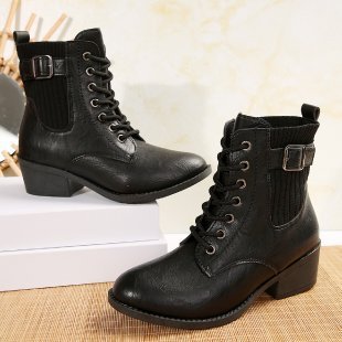 Women's Autumn And Winter Platform Wedge Pointed Toe Lace Up Casual Black British Ankle Boots