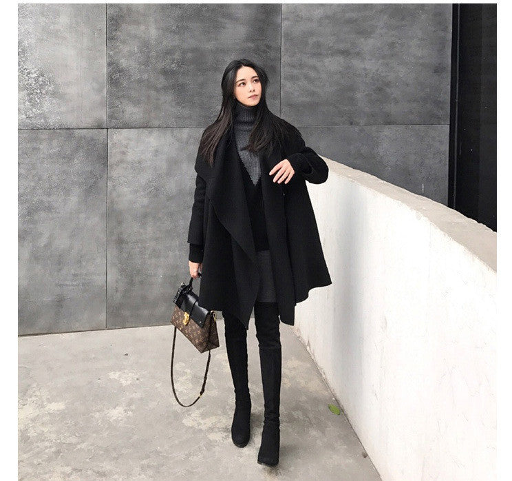 Black Medium Long Irregular Loose Cloak Woolen Coat