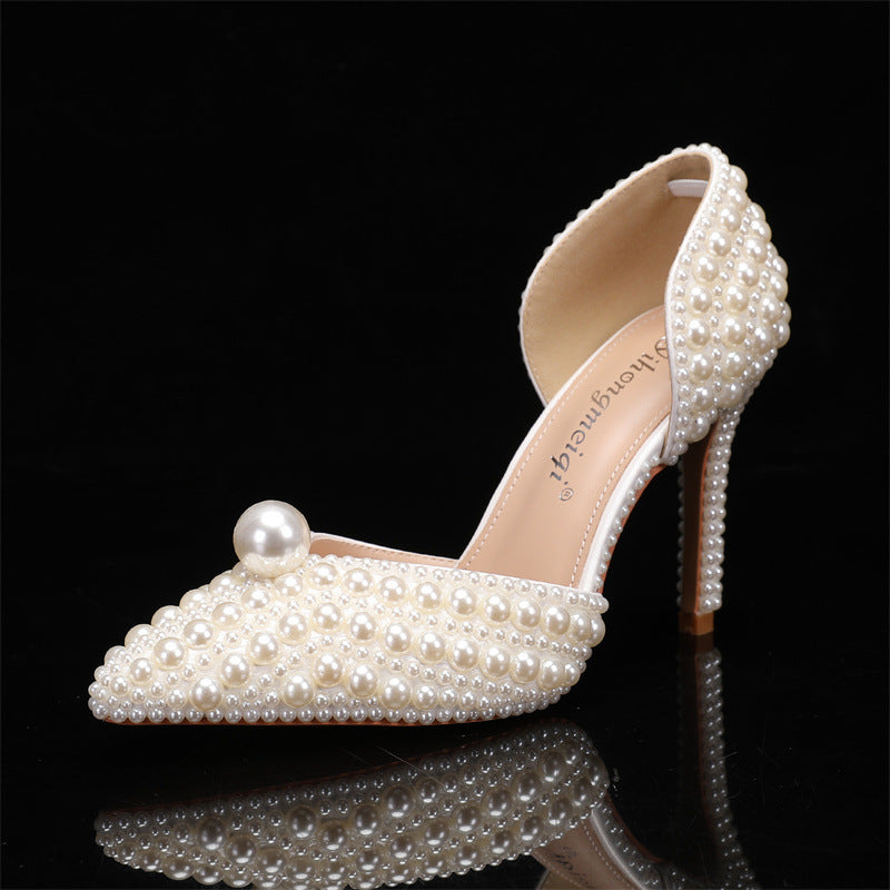 Women's Low-cut Pointed-toe Stilettos Pearl Wedding Shoes