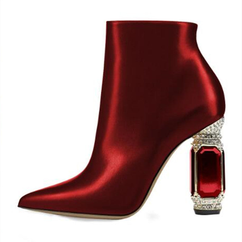 Luxury Rhinestone Gemstone Heel Women Side Zip Short Boots