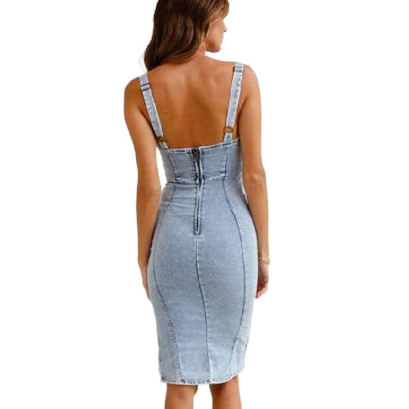 Fashion Sling Split Stretch Denim Dress