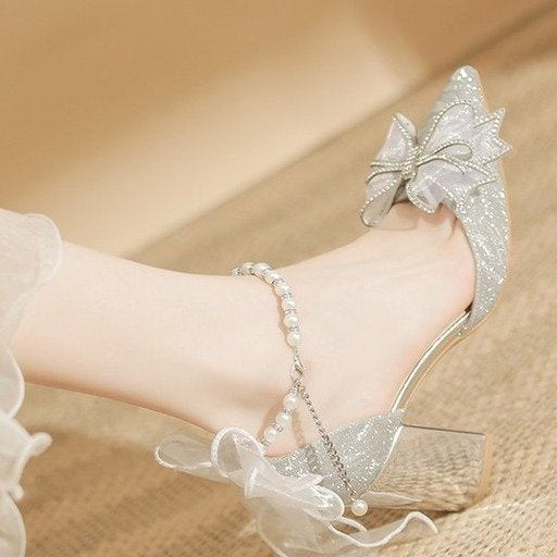 Bow Beaded Pointed Low-cut High Heels