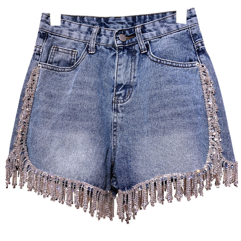 Rhinestone tassel high waist denim