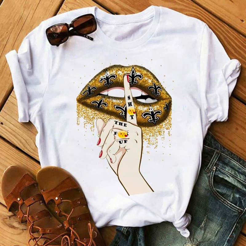 Women's Lip Colorful White With Printed Pattern Short Sleeve