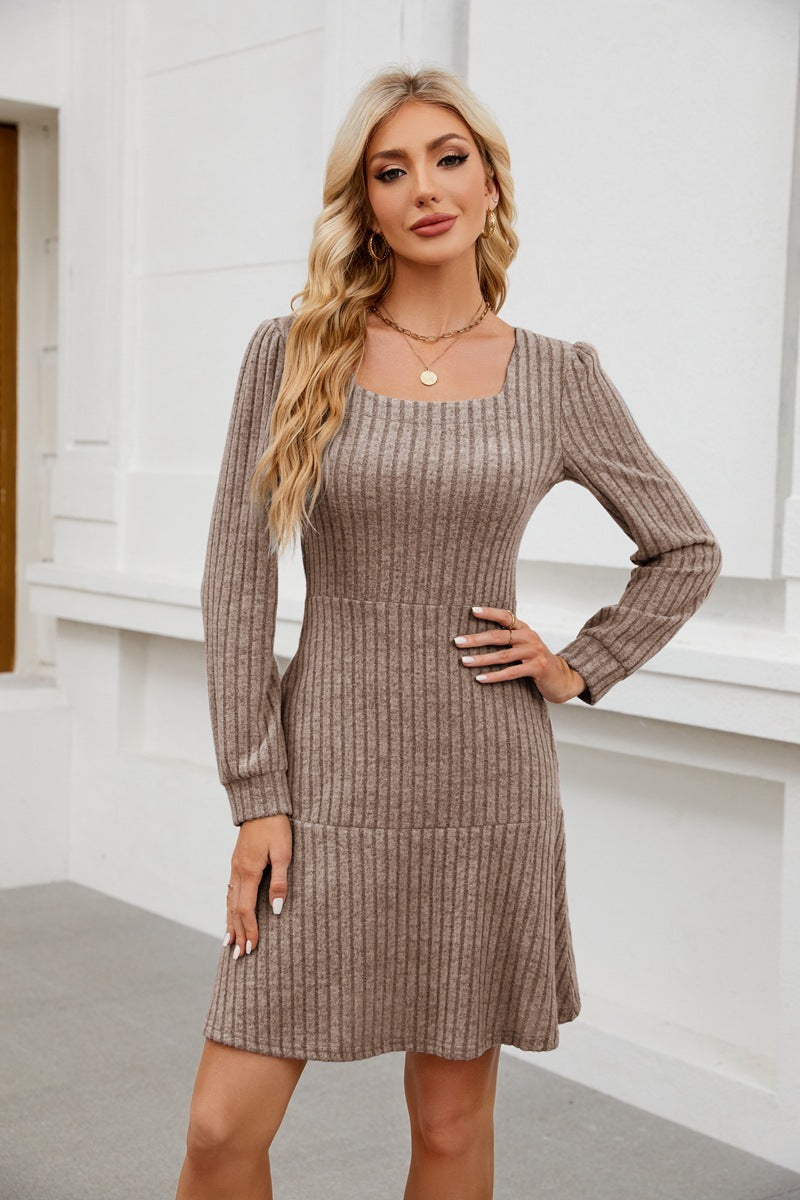 Woman Square-neck Lantern Sleeve Pocket Long Sleeve Dress