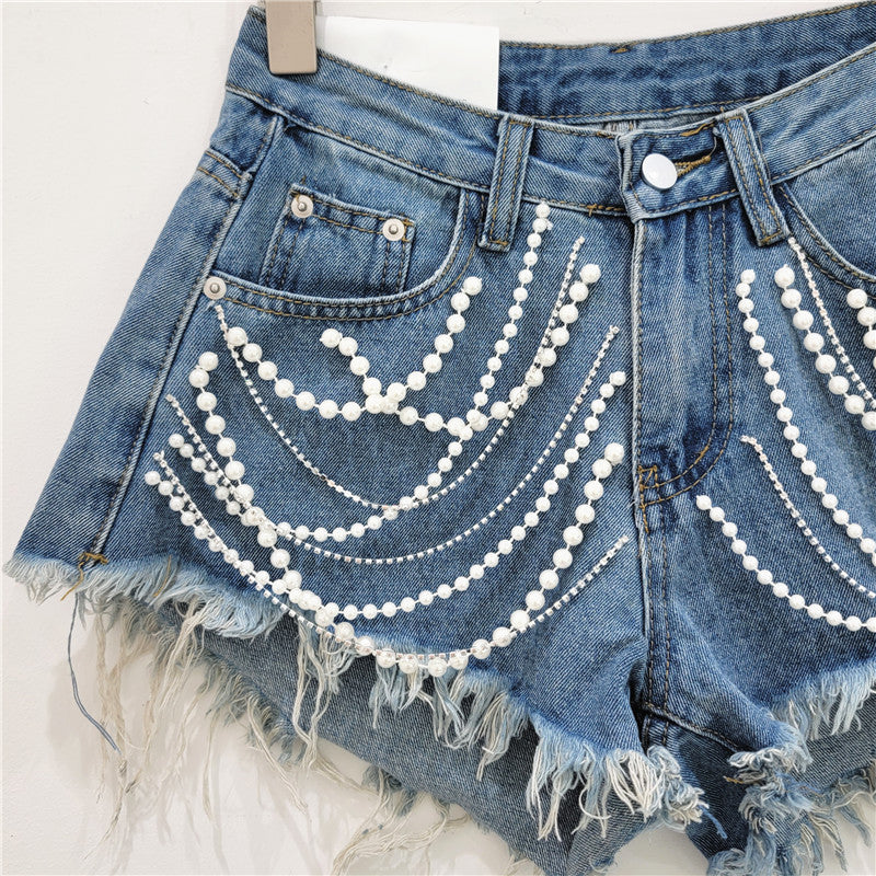 Denim Shorts Women's Summer High Waist Slimming Rhinestone Fringed Burr