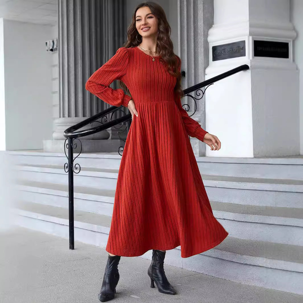 European And American Temperament Slim Solid Color Knitted Long-sleeved Dress