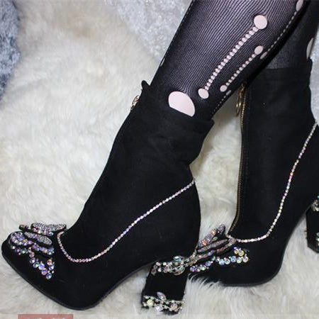 Front Zipper Stretch Square Pointed Toe Butterfly Mid-tube Color Block Boots