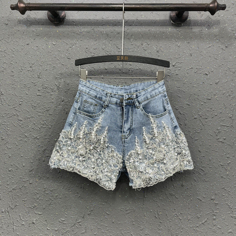 Heavy Industry Western Style Beaded Denim Shorts For Women