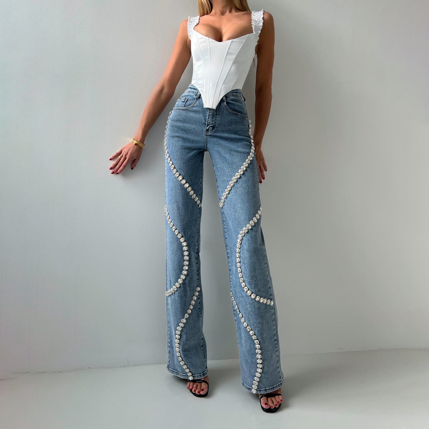 Loose Straight-cut Rhinestone Jeans With Design Sense