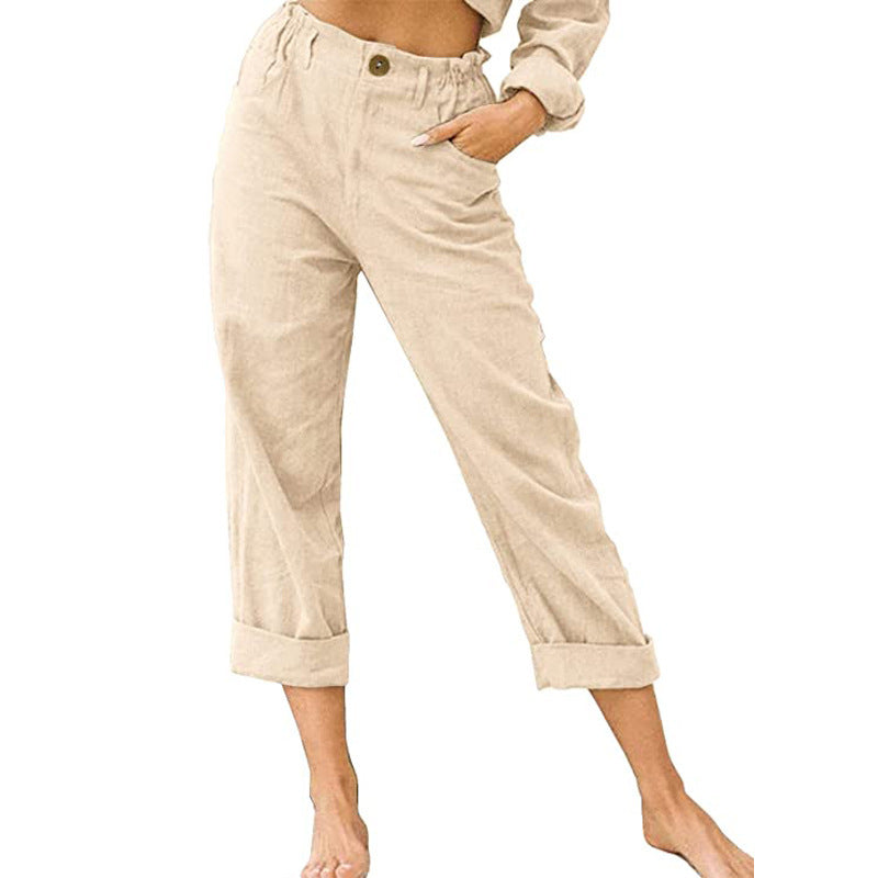 Patchwork Pant Women's Cotton Linen Pants Drawstring Back Elastic Waist Pants Loose Casual Trousers