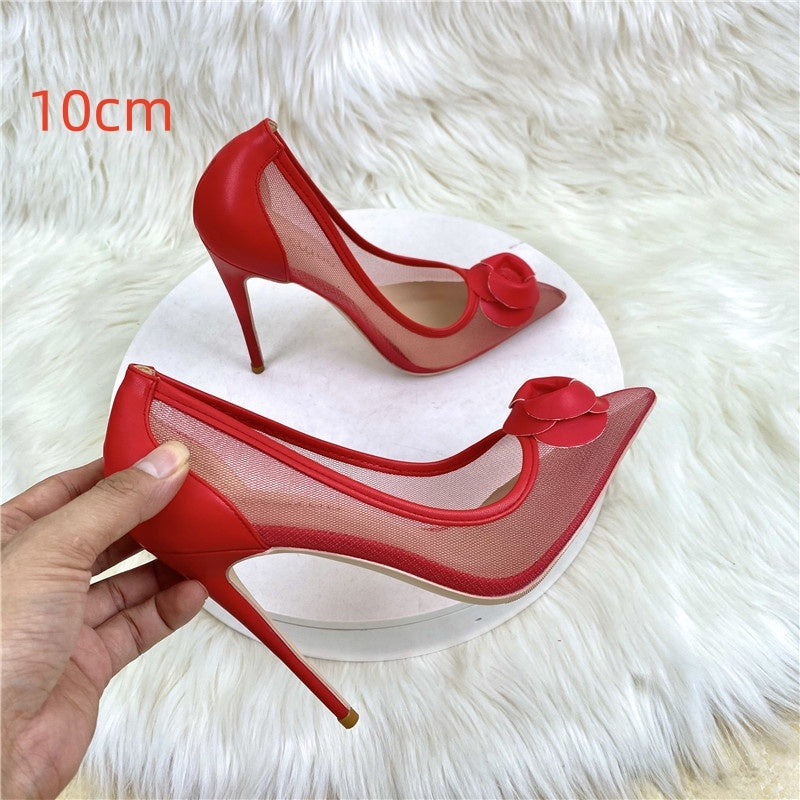 Mesh Ladies High 12CM Pointed Toe Stiletto Low-cut Shoes Sandals