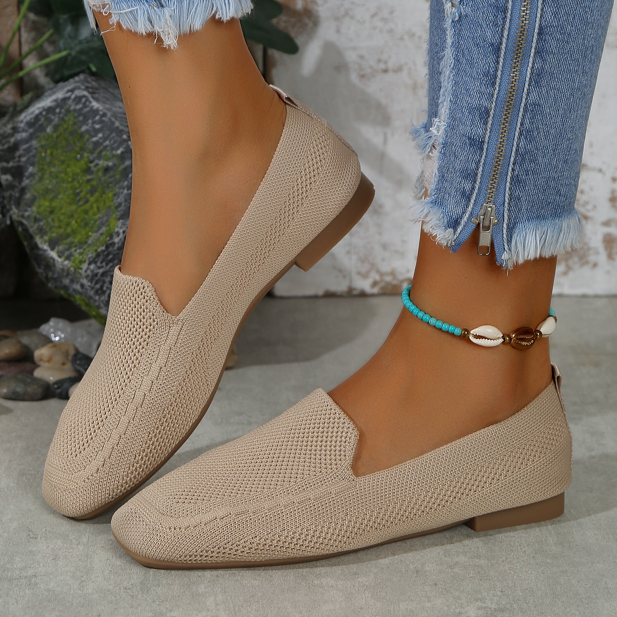 Casual Female Square Toe Flat Flyknit Loafers