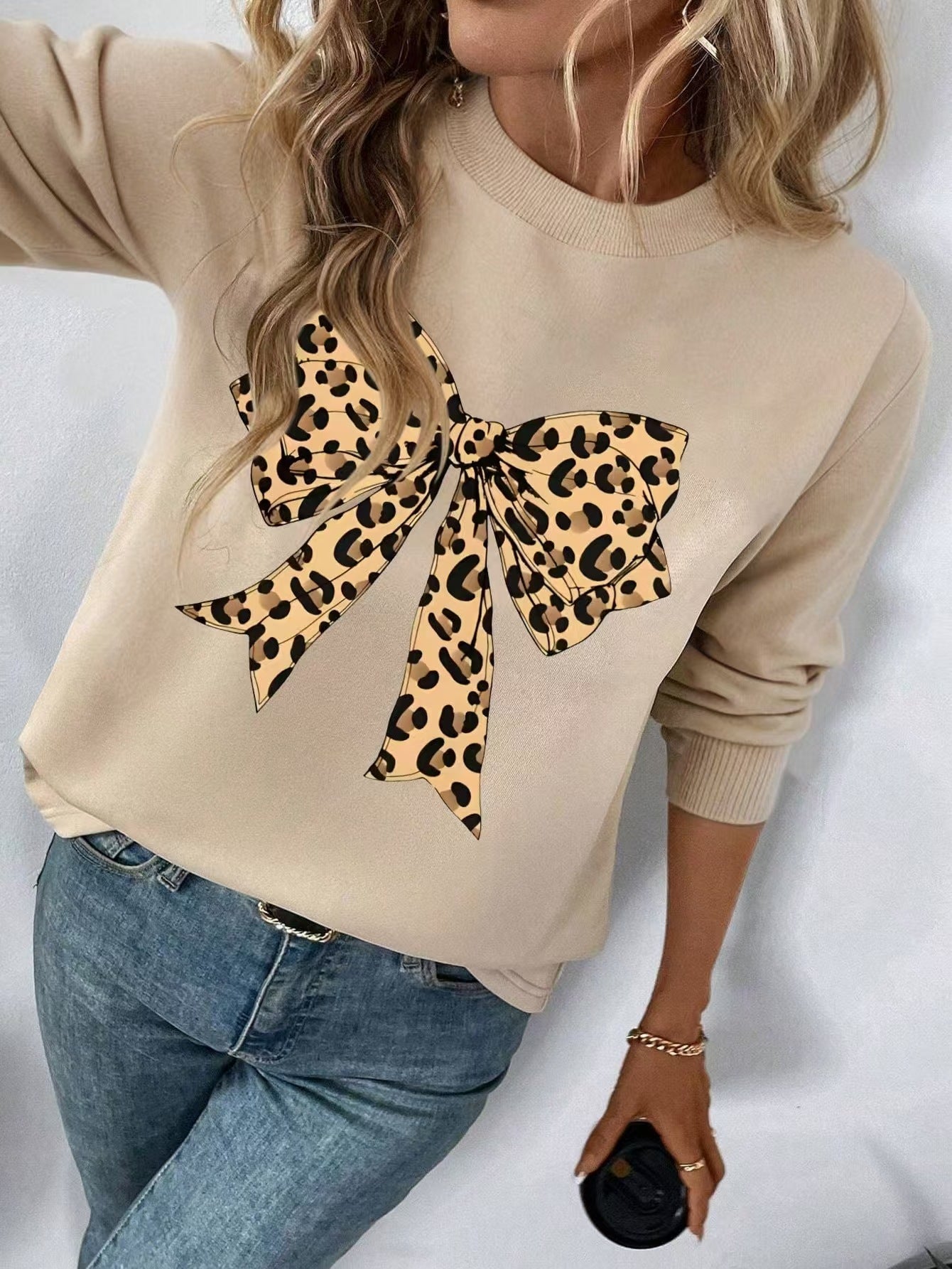 Leopard Print Stud For Autumn And Winter Bow Printed Loose Top