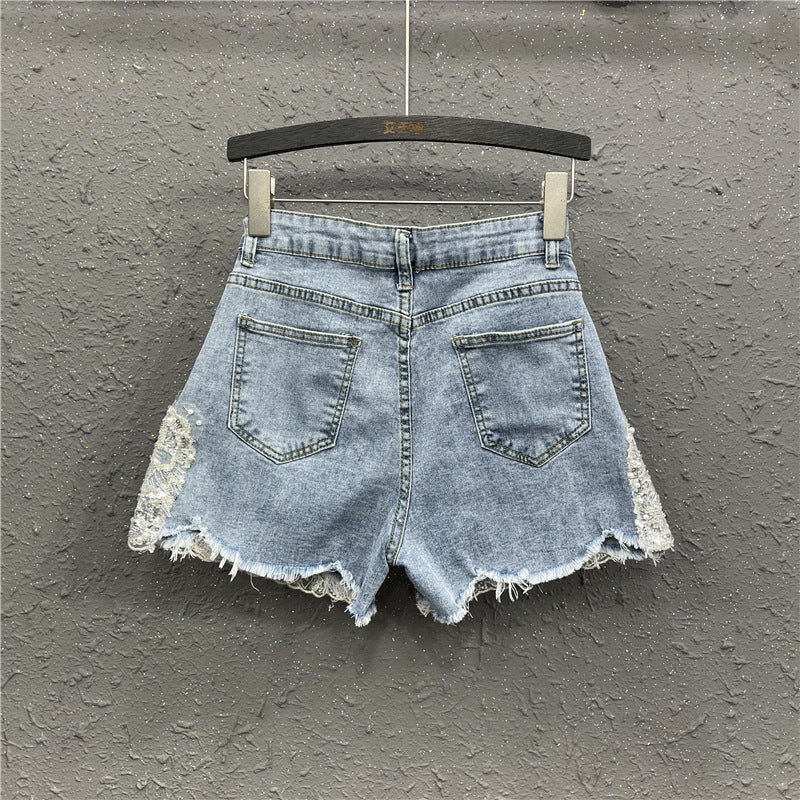 Heavy Industry Western Style Beaded Denim Shorts For Women