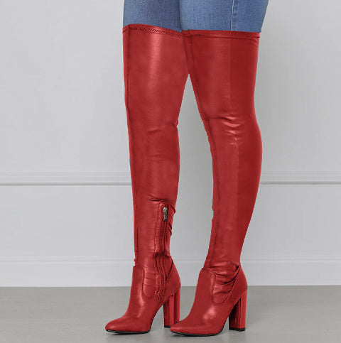 Side Zipper High Chunky Heel Plus Size Below The Knee Long Boots Female