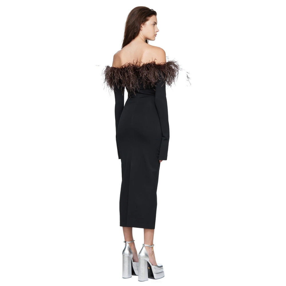 Ostrich Feather Women's Spring Black Long Cuff Off Shoulder Long Belt Dress