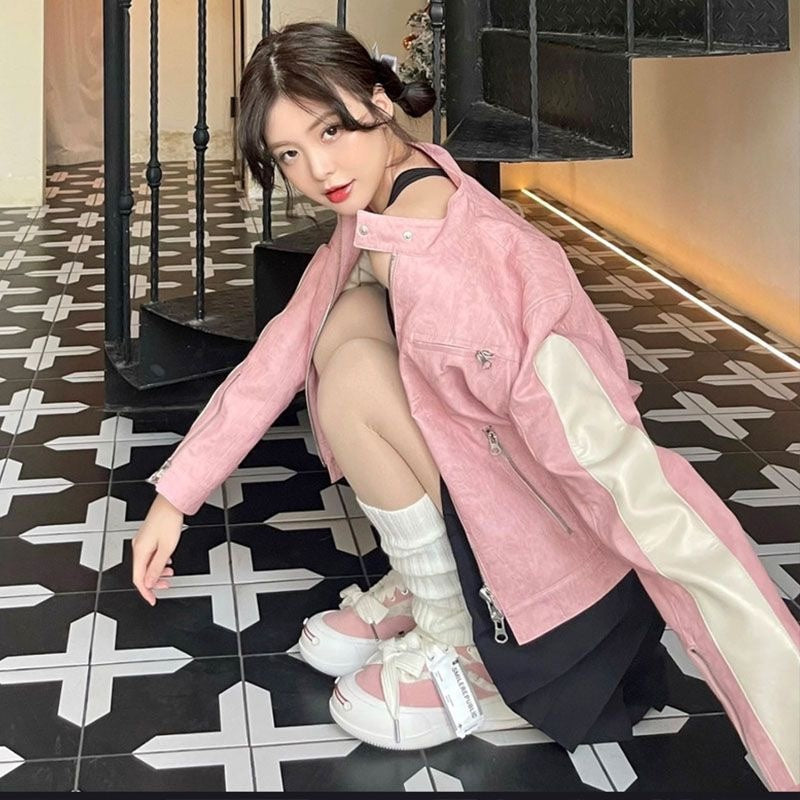 Women's Short Pink Zipper Stitching Leather Coat