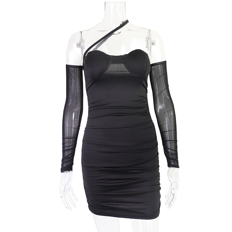 Temperament Sexy Mesh Stitching Backless Pleated Wrap Chest And Hip Dress