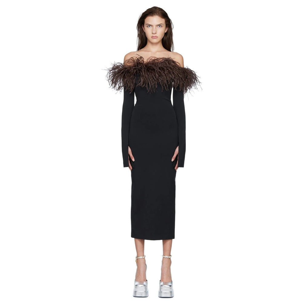 Ostrich Feather Women's Spring Black Long Cuff Off Shoulder Long Belt Dress