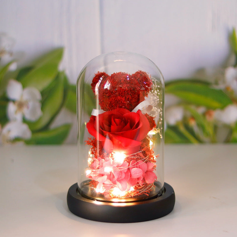 Valentine's Day Gift For Girlfriend Eternal Preserved Rose Flower Gift Box Teddy Bear Eternal Flower With Lights Gift For Women Home Decor