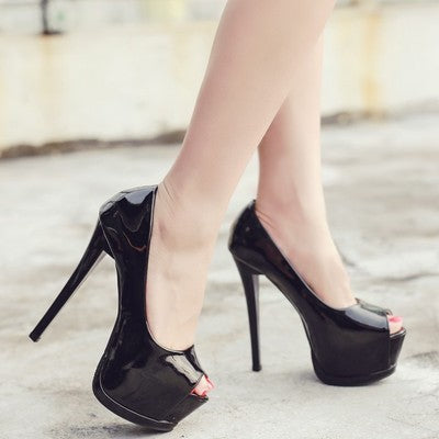 Black sexy and hate high sky nightclub fish mouth shoes 15cm super high waterproof table lacquer women's singles shoes.