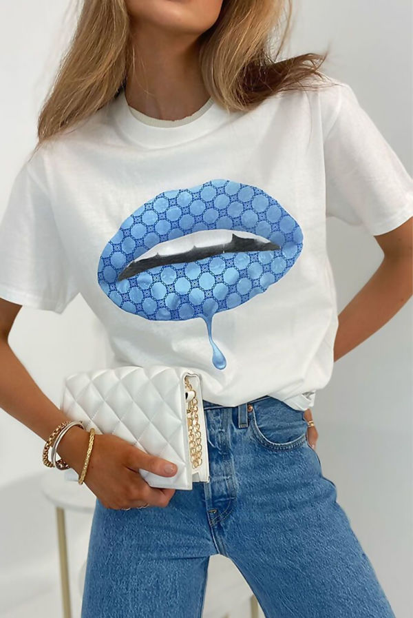 White Blue Monogram Lips T-Shirt