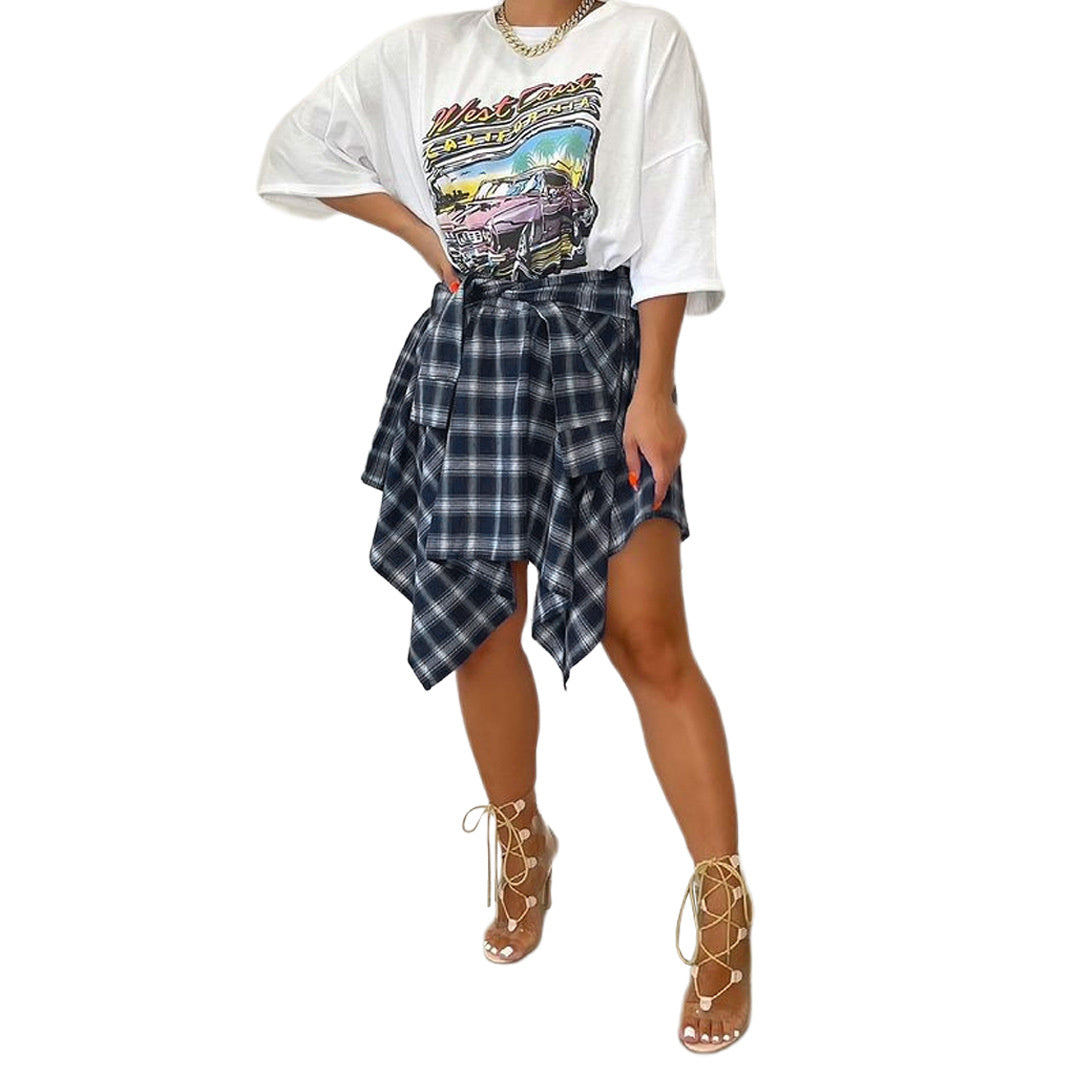 Women's Fashion Irregular Plaid Tied Sleeve Fake Shirt Skirt