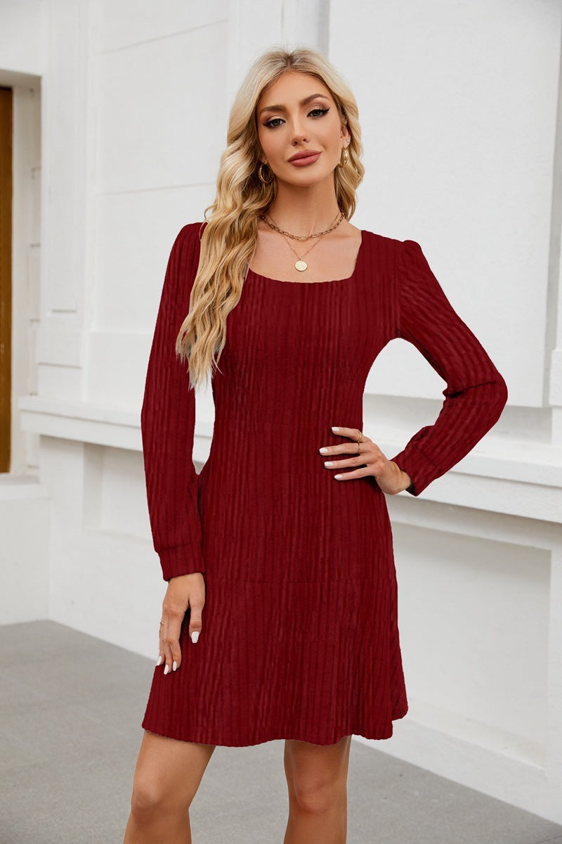 Woman Square-neck Lantern Sleeve Pocket Long Sleeve Dress