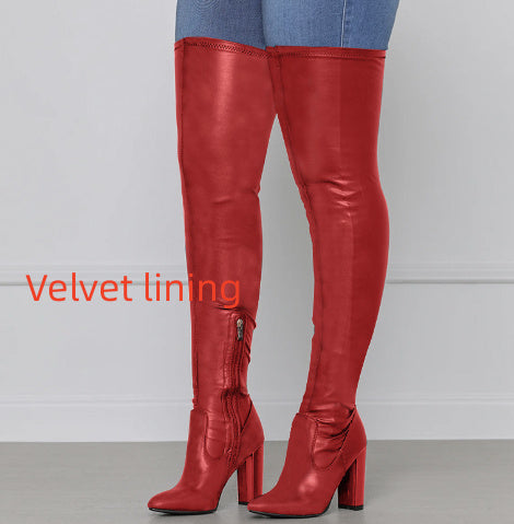 Side Zipper High Chunky Heel Plus Size Below The Knee Long Boots Female